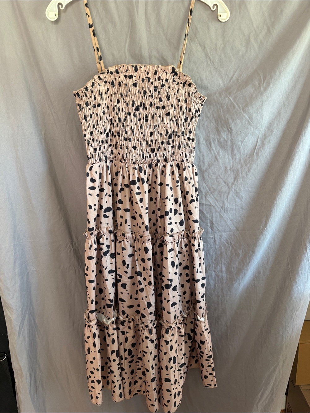SHEIN Pink Spotted Smocked Midi Dress